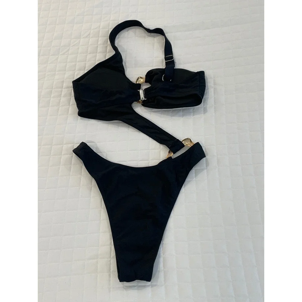 Monokini Black Asymmetric Cut Out Swimsuit with‎ Gold Hardware Small
